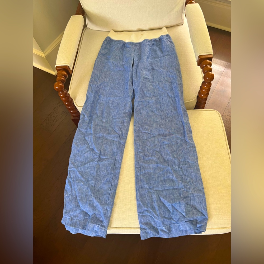 Lilly Pulitzer chambray blue linen beach pants S Unlined white stretch waistband